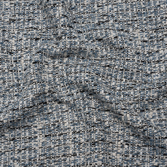 Polyester Tweed with Clear Eyelash Fringe - Blue, White and Black Abstract - Deadstock