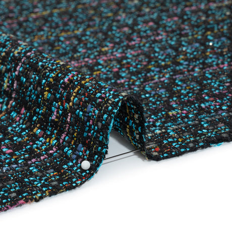 Polyester Tweed with Metallic Gold Strands - Turquoise, Black and Pink Striations - Deadstock