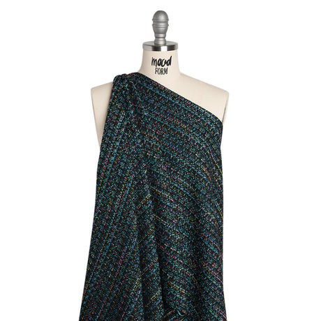 Polyester Tweed with Metallic Gold Strands - Turquoise, Black and Pink Striations - Deadstock