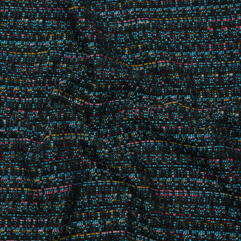 Polyester Tweed with Metallic Gold Strands - Turquoise, Black and Pink Striations - Deadstock