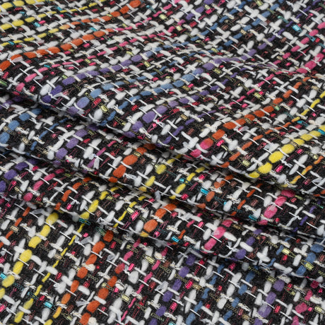 Polyester Tweed - Black, White and Rainbow Tactile Stripes Plaid - Deadstock