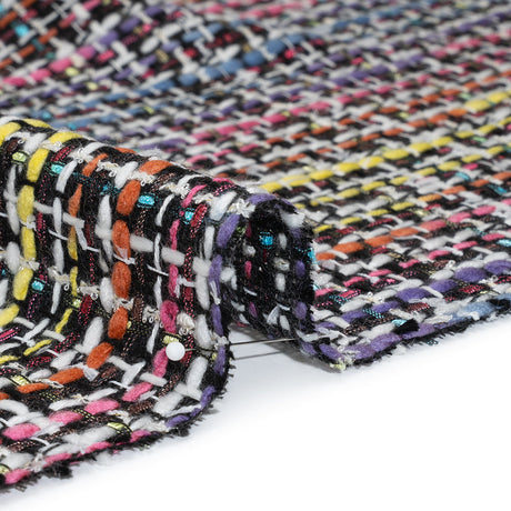 Polyester Tweed - Black, White and Rainbow Tactile Stripes Plaid - Deadstock