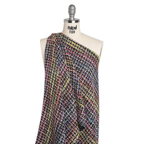 Polyester Tweed - Black, White and Rainbow Tactile Stripes Plaid - Deadstock