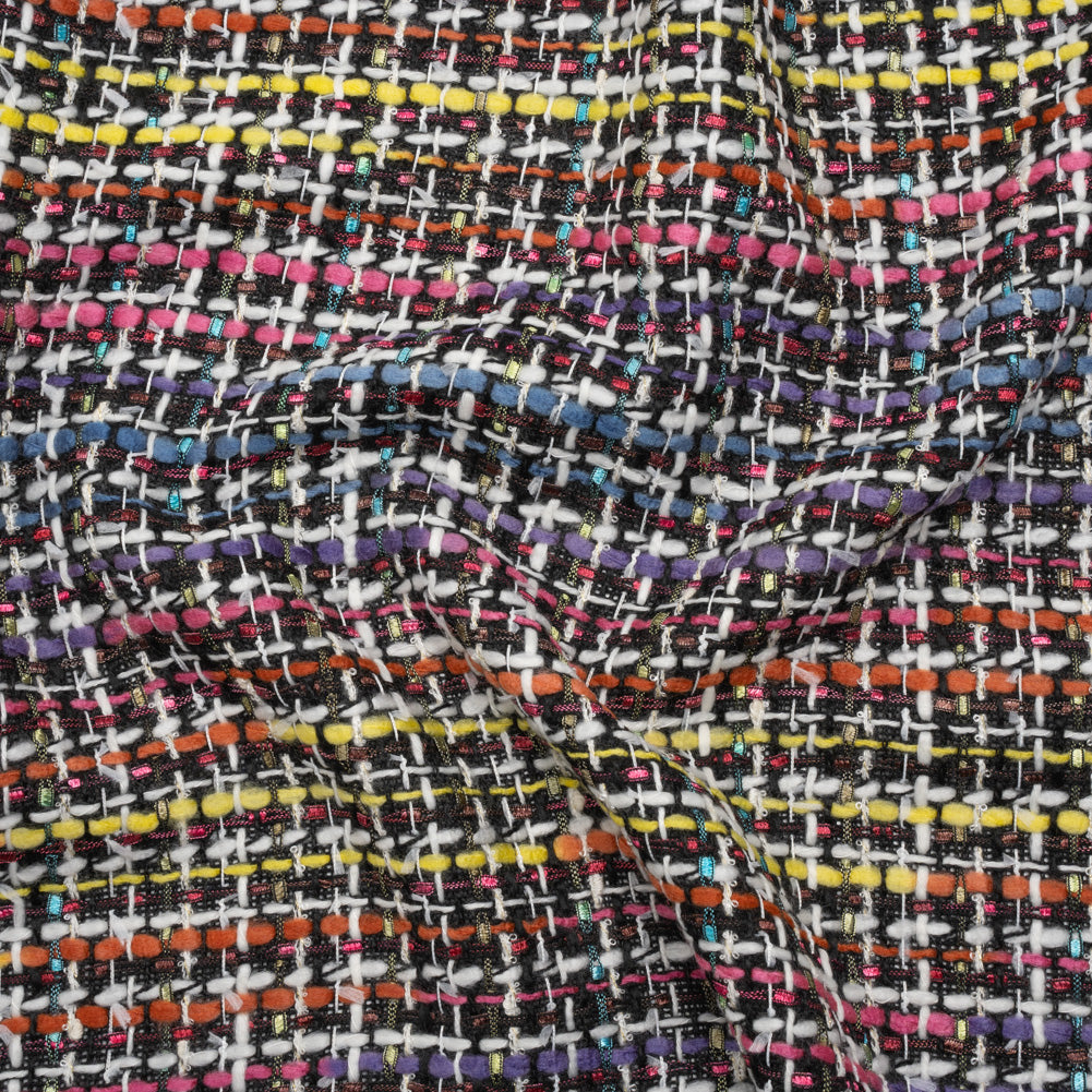 Polyester Tweed - Black, White and Rainbow Tactile Stripes Plaid - Deadstock