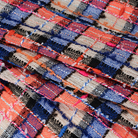 Gauzy Polyester Tweed Woven - Blue, Ivory and Coral Slubbed Plaid - Deadstock