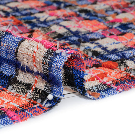 Gauzy Polyester Tweed Woven - Blue, Ivory and Coral Slubbed Plaid - Deadstock