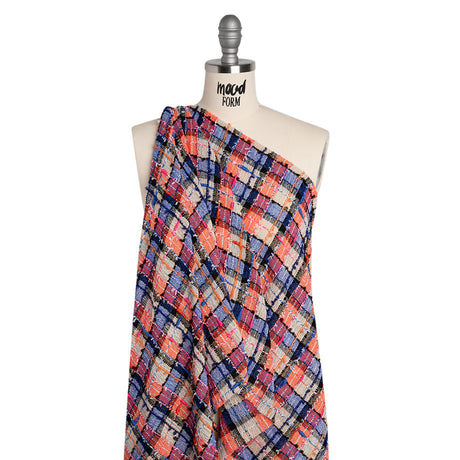 Gauzy Polyester Tweed Woven - Blue, Ivory and Coral Slubbed Plaid - Deadstock