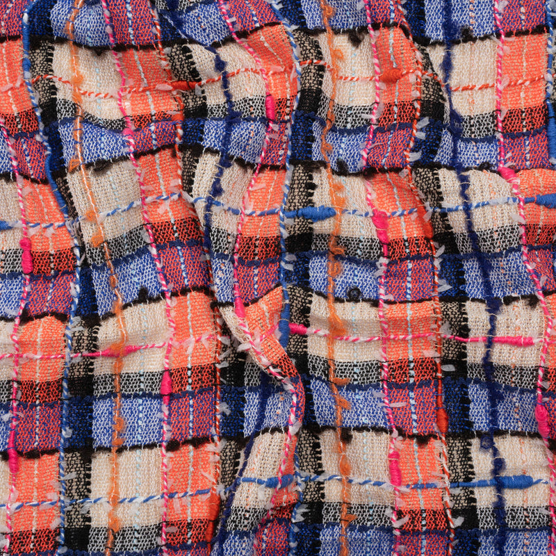 Gauzy Polyester Tweed Woven - Blue, Ivory and Coral Slubbed Plaid - Deadstock