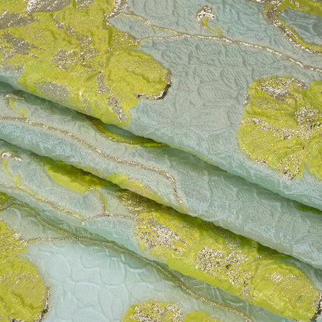 Metallic Brocade - Aqua Blue, Lime Green and Gold Flowers on Flowers