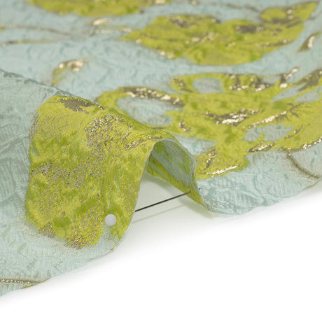 Metallic Brocade - Aqua Blue, Lime Green and Gold Flowers on Flowers