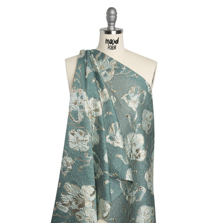 Metallic Brocade - Dusty Teal, Aqua and White Gold Flowers on Flowers