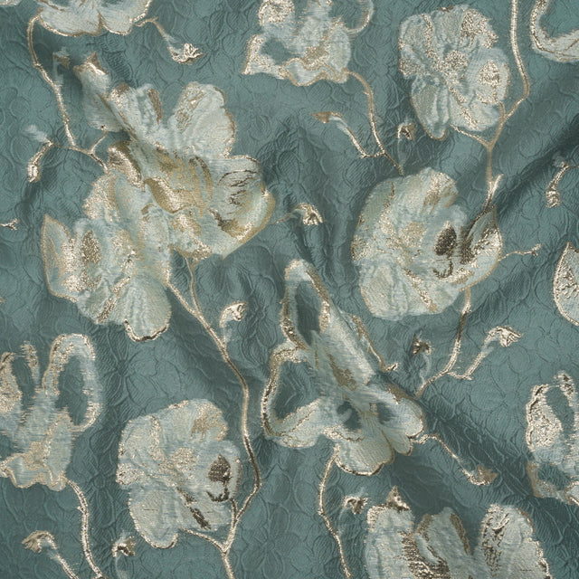 Metallic Brocade - Dusty Teal, Aqua and White Gold Flowers on Flowers