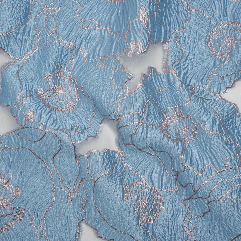 Metallic Burnout Brocade - Sky Blue and Baby Pink All-Over Outlined Flowers