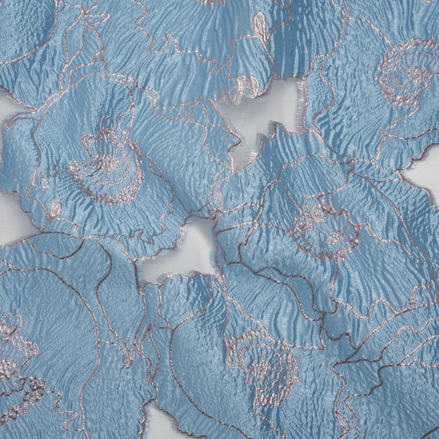 Metallic Burnout Brocade - Sky Blue and Baby Pink All-Over Outlined Flowers