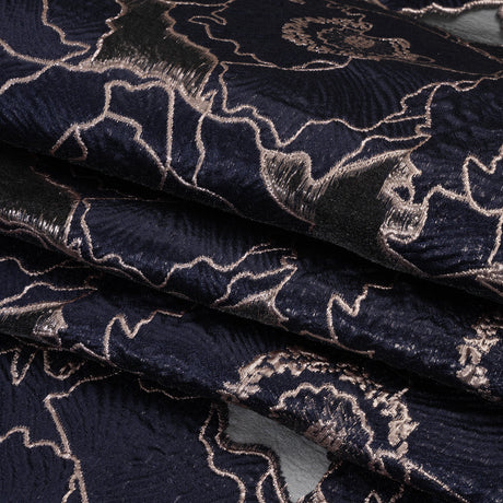 Metallic Burnout Brocade - Navy Blue and Rose Gold All-Over Outlined Flowers
