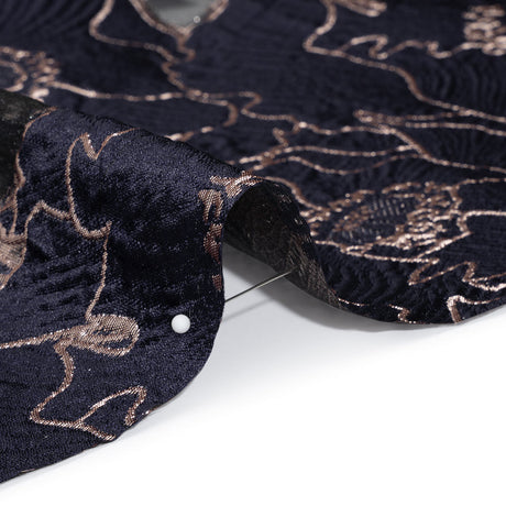 Metallic Burnout Brocade - Navy Blue and Rose Gold All-Over Outlined Flowers