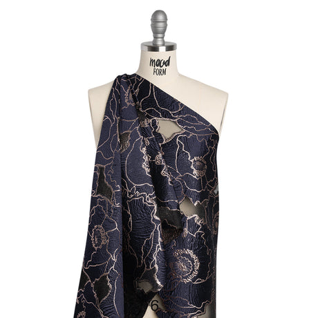 Metallic Burnout Brocade - Navy Blue and Rose Gold All-Over Outlined Flowers