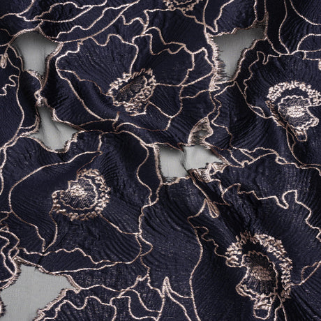 Metallic Burnout Brocade - Navy Blue and Rose Gold All-Over Outlined Flowers