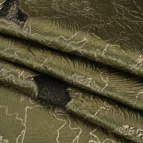Metallic Burnout Brocade - Olive Green and Gold All-Over Outlined Flowers