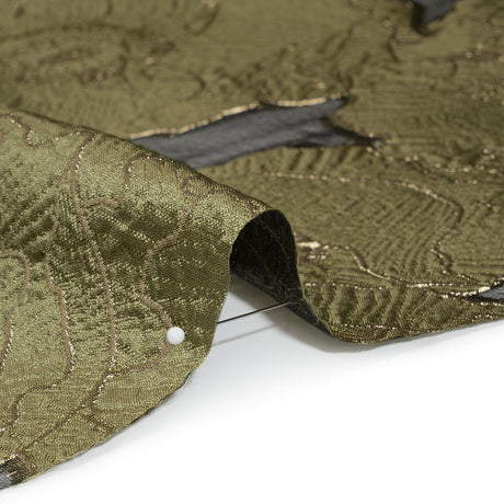 Metallic Burnout Brocade - Olive Green and Gold All-Over Outlined Flowers