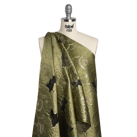 Metallic Burnout Brocade - Olive Green and Gold All-Over Outlined Flowers