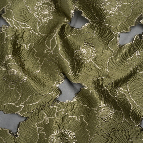 Metallic Burnout Brocade - Olive Green and Gold All-Over Outlined Flowers