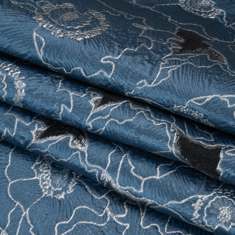 Metallic Burnout Brocade - Country Blue and Silver All-Over Outlined Flowers