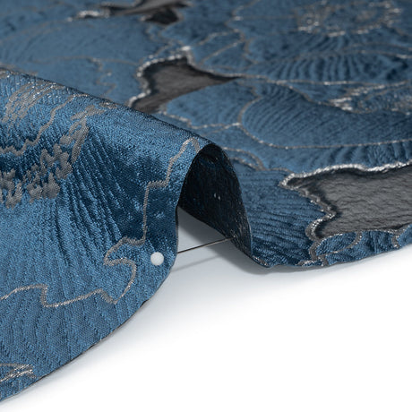 Metallic Burnout Brocade - Country Blue and Silver All-Over Outlined Flowers