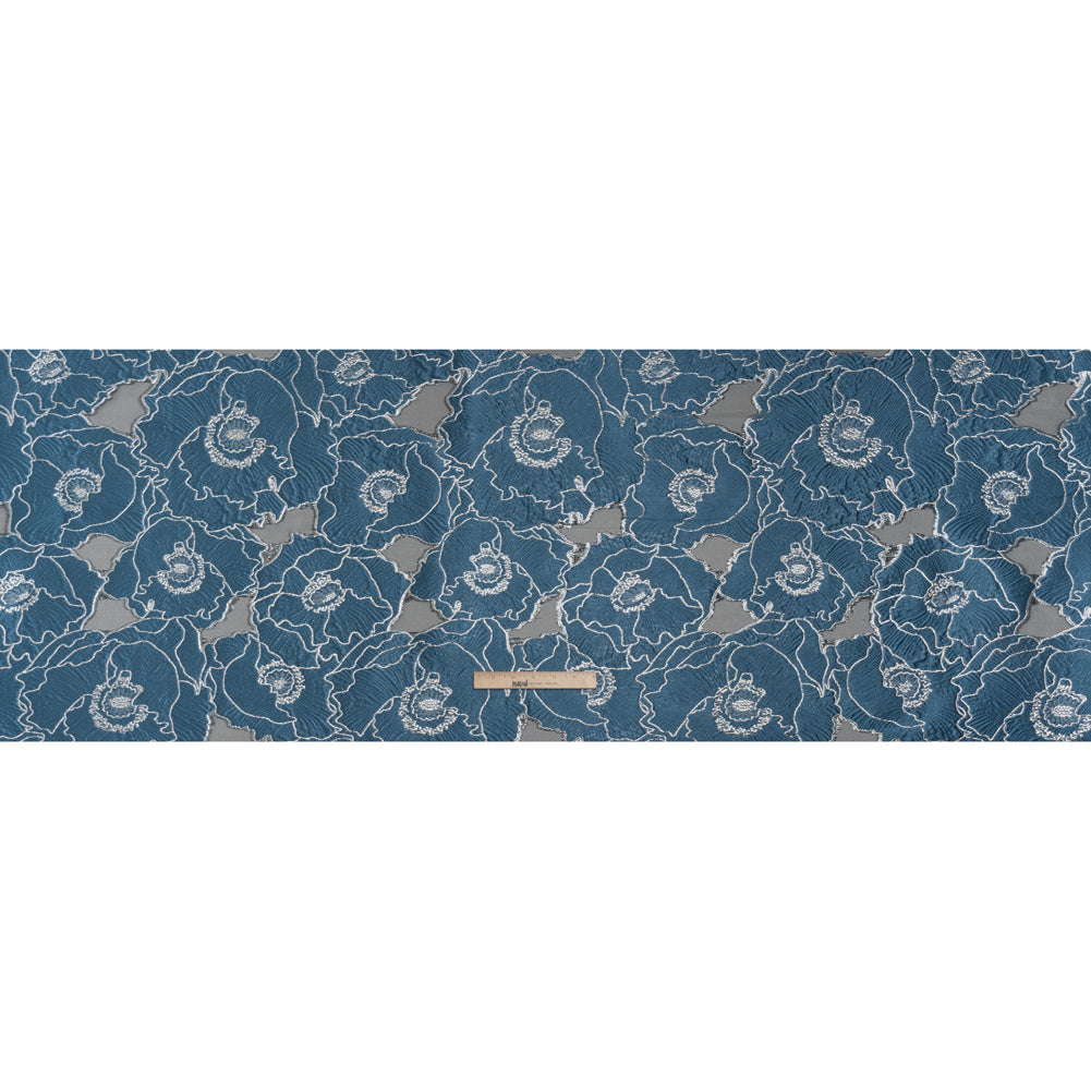 Metallic Burnout Brocade - Country Blue and Silver All-Over Outlined Flowers