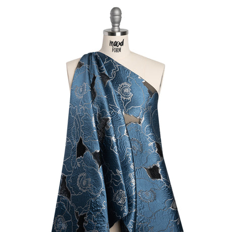 Metallic Burnout Brocade - Country Blue and Silver All-Over Outlined Flowers