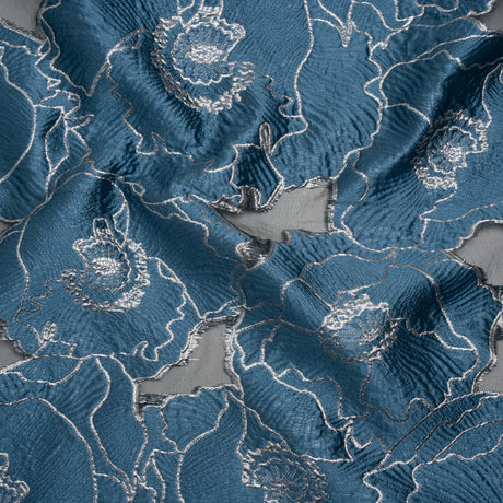 Metallic Burnout Brocade - Country Blue and Silver All-Over Outlined Flowers