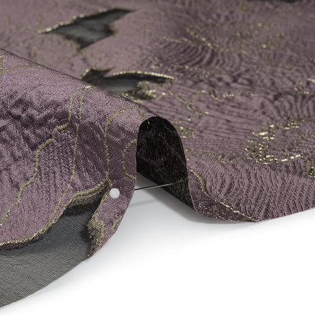 Metallic Burnout Brocade - Plum Purple and Gold All-Over Outlined Flowers