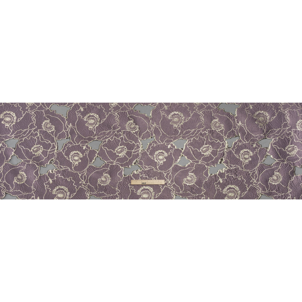 Metallic Burnout Brocade - Plum Purple and Gold All-Over Outlined Flowers