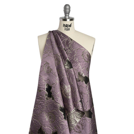Metallic Burnout Brocade - Plum Purple and Gold All-Over Outlined Flowers
