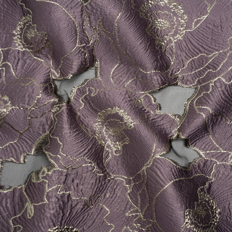 Metallic Burnout Brocade - Plum Purple and Gold All-Over Outlined Flowers