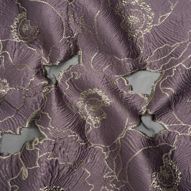 Metallic Burnout Brocade - Plum Purple and Gold All-Over Outlined Flowers