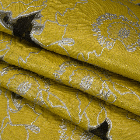 Metallic Burnout Brocade - Gamboge Yellow and Silver All-Over Outlined Flowers