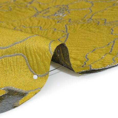 Metallic Burnout Brocade - Gamboge Yellow and Silver All-Over Outlined Flowers