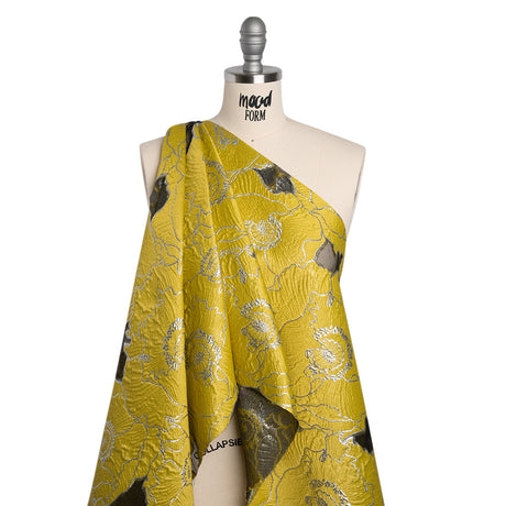 Metallic Burnout Brocade - Gamboge Yellow and Silver All-Over Outlined Flowers
