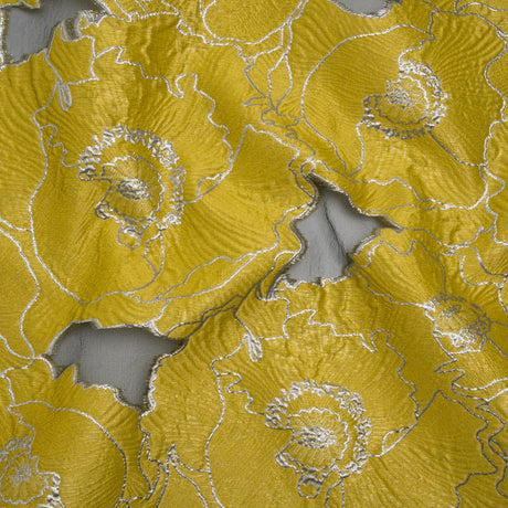 Metallic Burnout Brocade - Gamboge Yellow and Silver All-Over Outlined Flowers