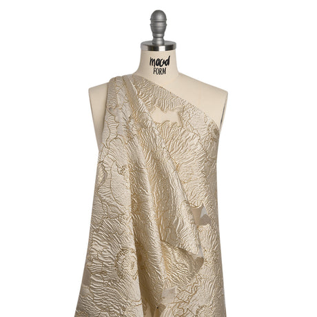 Metallic Burnout Brocade - Pale Beige and Gold All-Over Outlined Flowers