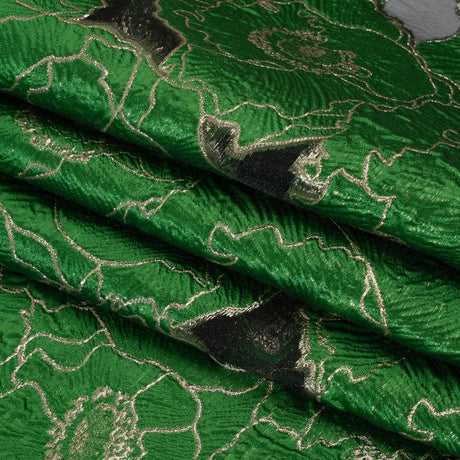 Metallic Burnout Brocade - Kelly Green and Gold All-Over Outlined Flowers