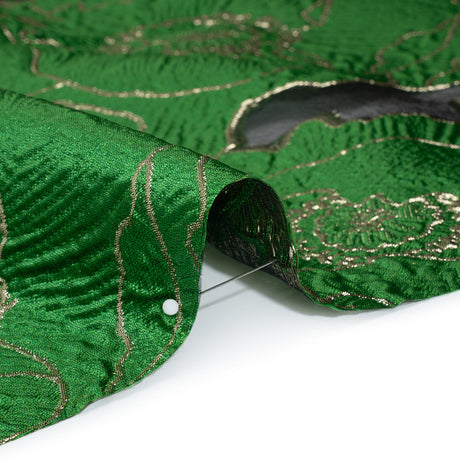 Metallic Burnout Brocade - Kelly Green and Gold All-Over Outlined Flowers