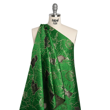 Metallic Burnout Brocade - Kelly Green and Gold All-Over Outlined Flowers