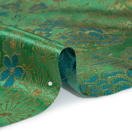 Metallic Brocade - Emerald Green, Teal and Gold Flower Garden