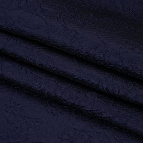 Polyester Brocade - Monochrome Midnight Navy Floral Drawings
