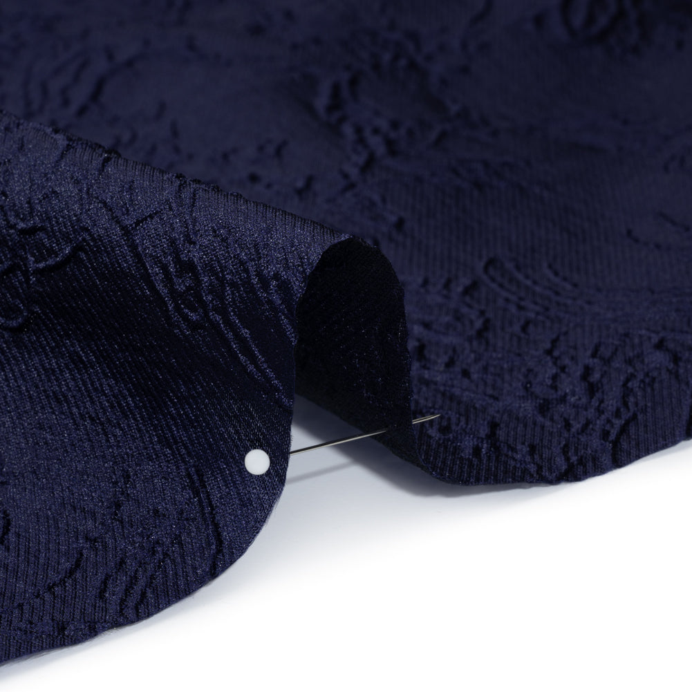 Polyester Brocade - Monochrome Midnight Navy Floral Drawings