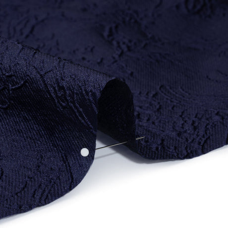 Polyester Brocade - Monochrome Midnight Navy Floral Drawings