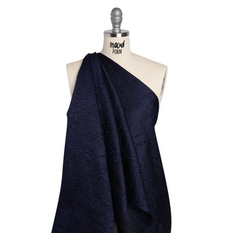 Polyester Brocade - Monochrome Midnight Navy Floral Drawings