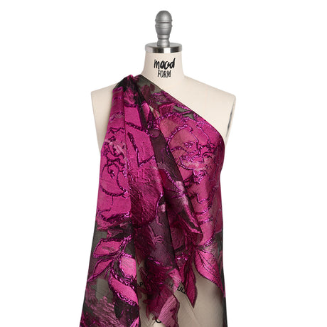 Metallic Burnout Brocade - Hot Pink, Black and Magenta Roses and Hyacinths
